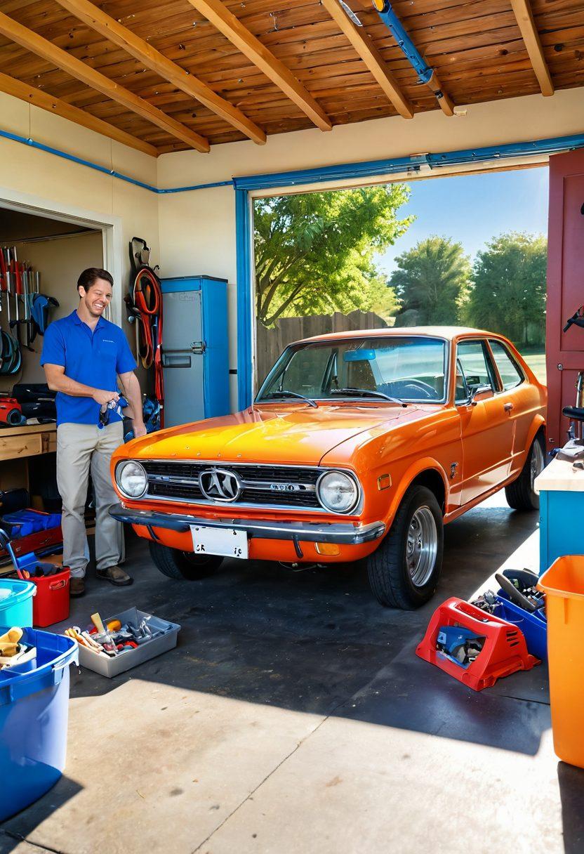 A bright, cheerful garage scene with a smiling person performing maintenance on a colorful car, surrounded by tools and auto parts, sun shining through the open garage door. Add a vibrant landscape visible outside, featuring trees and blue skies, creating an atmosphere of joy and care. super-realistic. vibrant colors. warm lighting.