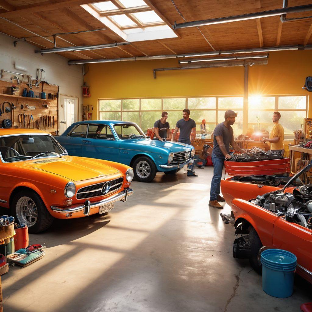 A bright and cheerful garage scene showing a diverse group of people, including a smiling mechanic and enthusiastic car owners, working together on shiny cars. The environment is filled with colorful tools, parts, and auto supplies, radiating positivity and teamwork. Sunlight streams in through open doors, casting warm light on the scene showcasing happy expressions. Super-realistic. Vibrant colors. Bright background.