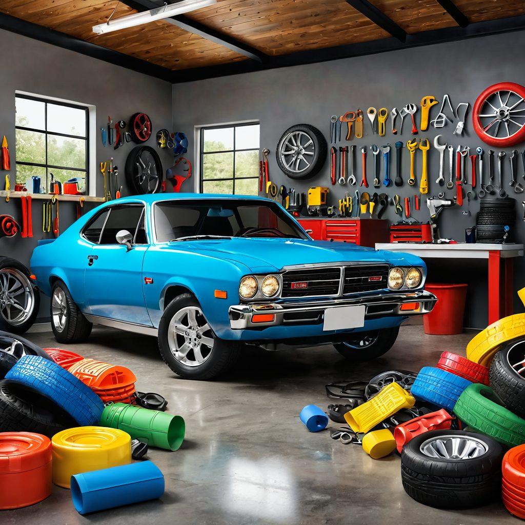A dynamic garage scene featuring various auto components like engine parts and tires being transformed into colorful, fun accessories like seat covers, steering wheel wraps, and air fresheners. Joyful mechanics of diverse backgrounds are smiling and engaged in this transformation, surrounded by tools and cheerful decor. Bright, inviting colors create a sense of joy and creativity in auto maintenance. 3D rendering. vibrant colors. modern style.